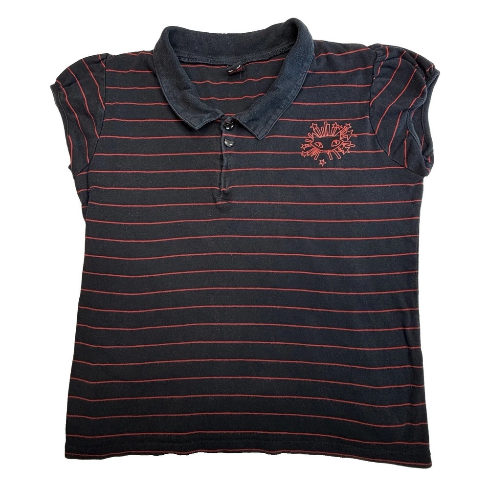 VTG Y2K Emily The Strange Cat Button Polo Shirt Black Red Striped Women's Medium